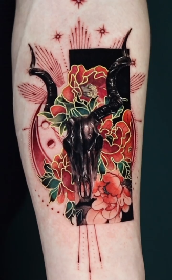 tattoos/ - Goat Skull Flower Tattoo - 144207