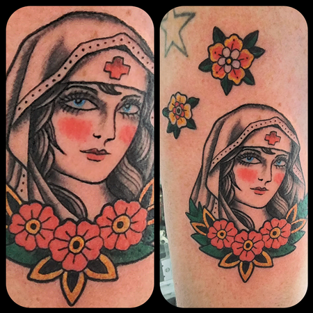 Old school nurse tattoo on a Navy Nurse. Done by Eric Oseto at Queen St  Tattoo, Honolulu Hawaii. : r/traditionaltattoos
