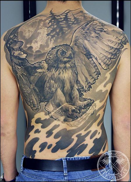realistic owl tattoo done in San Francisco at Masterpiece Tattoo