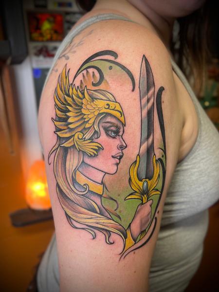 Maddy 's Valkyrie tattoo . So much details in the armoured wings and mask.  Cheers champ . | Instagram